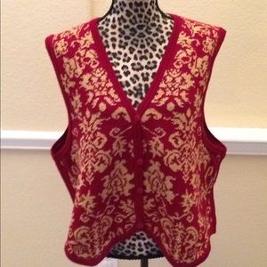 Burgundy and gold pattern sweater vest.